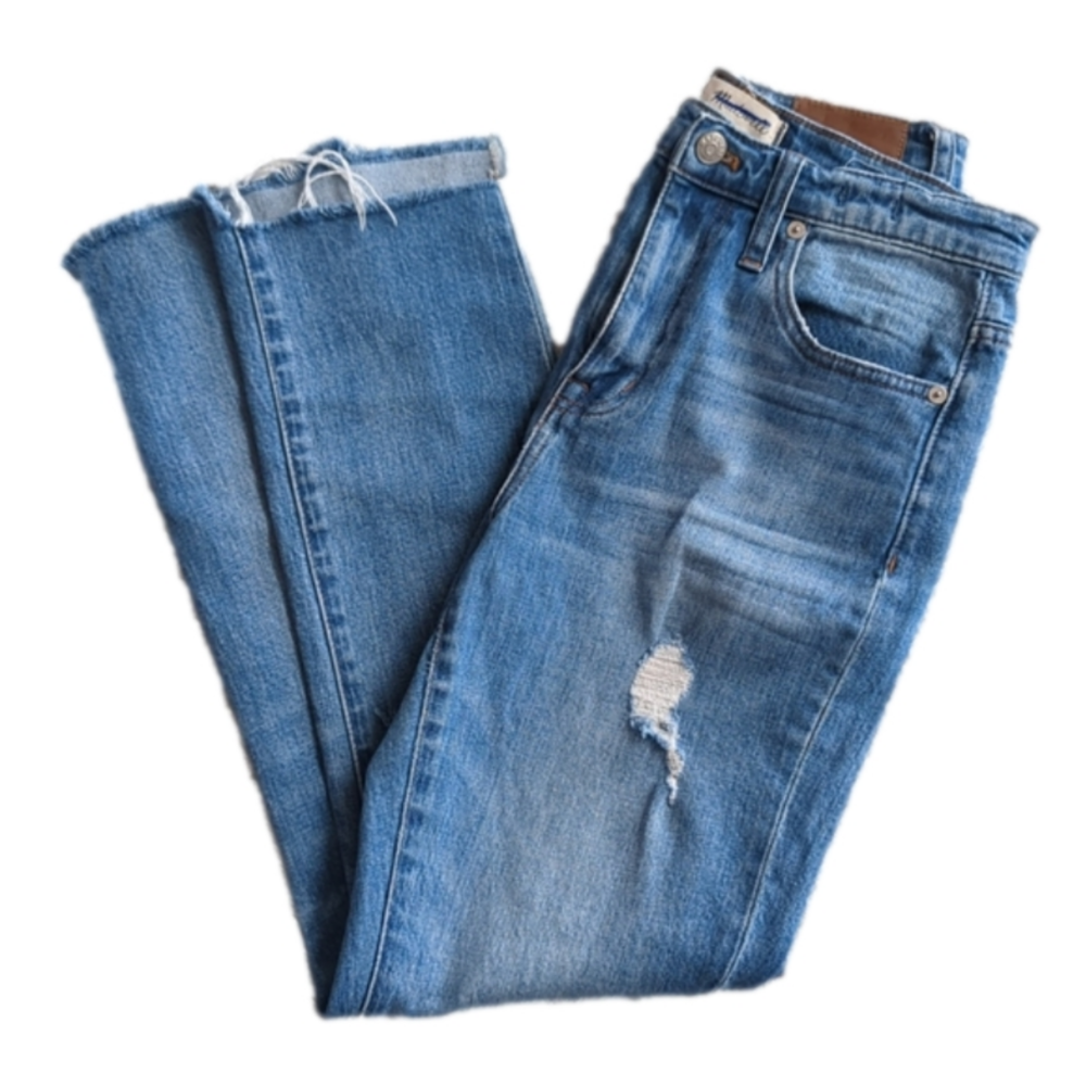 Madewell Distressed The High Rise Slim Boyfriend Raw Hem Blue Jean Size 25 - Picture 1 of 7